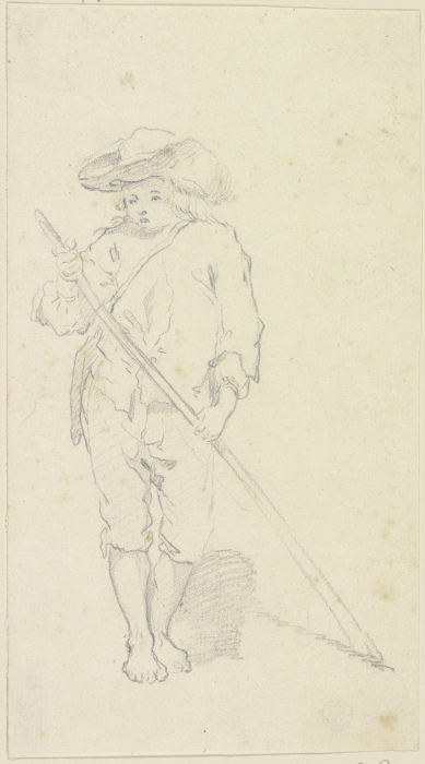 Stehender barfüßiger Knabe mit breitkrempigem Hut und einem Stab von Georg Melchior Kraus