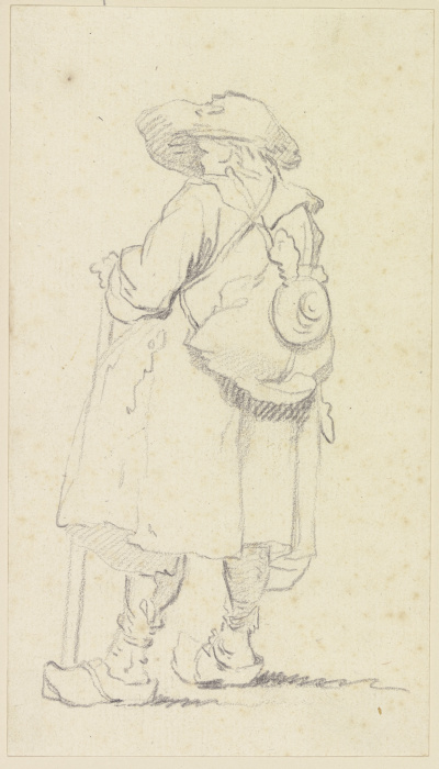 Stehender Wanderer mit Stab und Gepäck auf dem Rücken, fast vom Rücken gesehen von Georg Melchior Kraus
