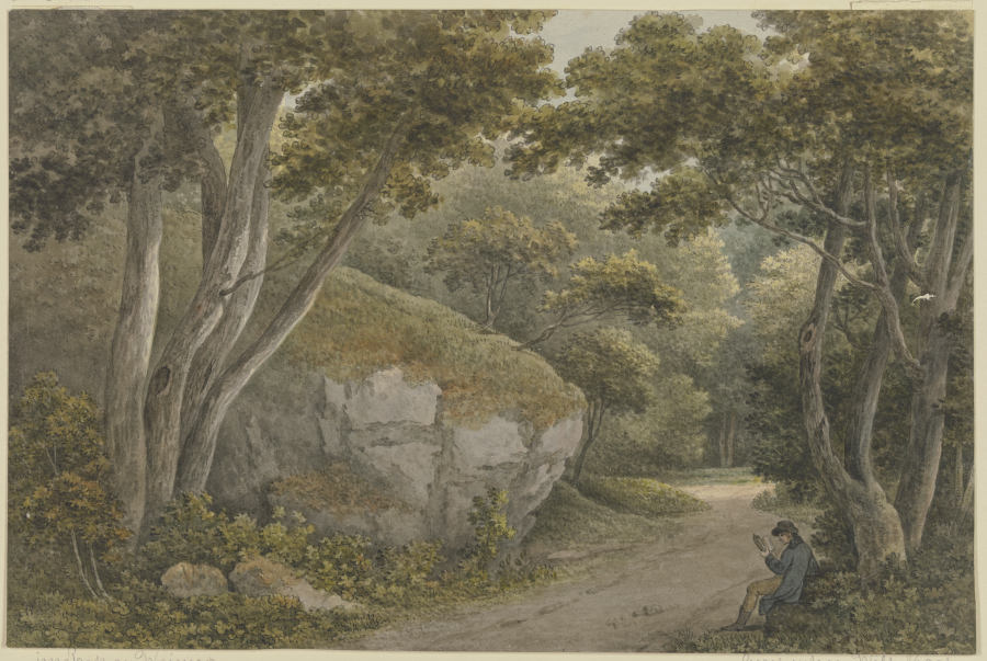 Weg in einem Park, links ein Felsblock von Georg Melchior Kraus