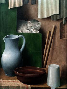 Stilleben mit Katze (Ofenecke) 1923