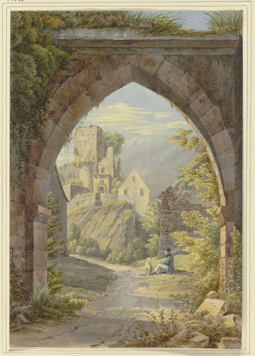 Gotischer Bogen mit Durchblick auf eine Burg von Georg von Krieg