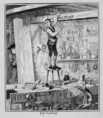 Jack carves his name on a beam in the shop of his former employer, illustration from 'Jack Sheppard: von George Cruikshank
