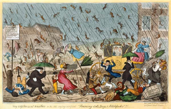 Very Unpleasant Weather, or the Old Saying verified Raining Cats, Dogs and Pitchforks! , pub. G. Hum von George Cruikshank