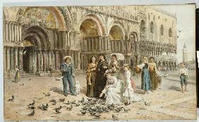 Tauben auf dem Markusplatz in Venedig 1876