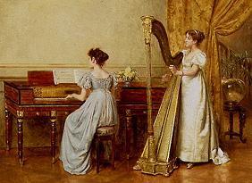 Zwei musizierende Frauen in einem Innenraum.