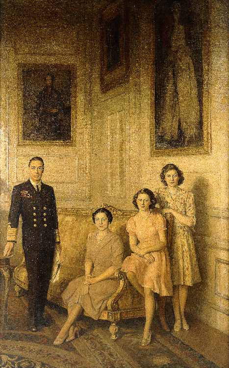 Die königliche Familie: King George VI, Queen Elizabeth und ihre beiden Töchter, Prinzessin Margaret von George Harcourt