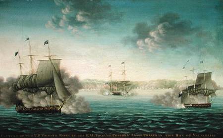 Capture of the US Frigate 'Essex' by B.M Frigate 'Phoebe' and sloop 'Cherub' in the bay of Valparais von George Ropes