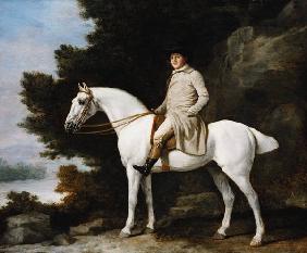 A Gentleman on a Grey Horse in a Rocky Wooded Landscape