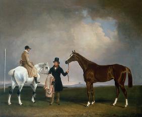 Mr Sadler's 'Decisive' held by his Trainer with the jockey John Day Jnr., Stockbridge Racecourse 1843