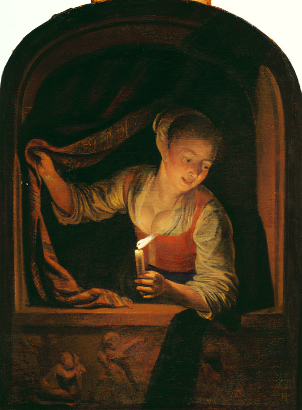 Frau mit einer brennenden Kerze am Fenster von Gerard Dou
