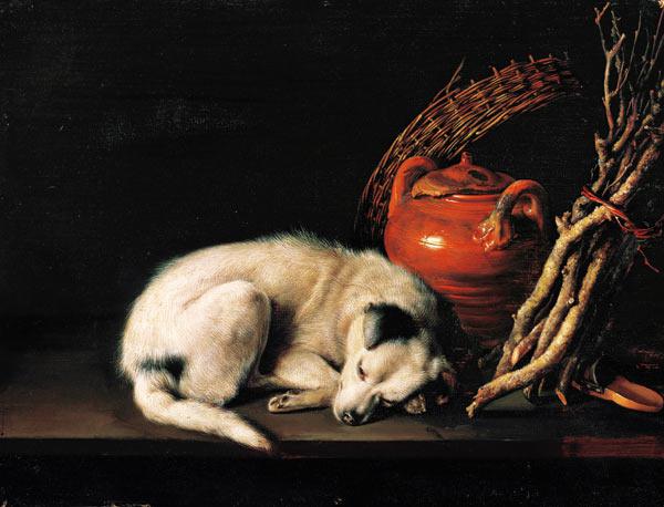 Ein schlafender Hund neben einem Terrakottakrug, einem Korb, einem Paar Clogs und Zündholz 1650