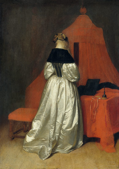 Eine Dame in weissem Atlas vor dem Bett mit roten Vorhaengen von Gerard ter Borch or Terborch
