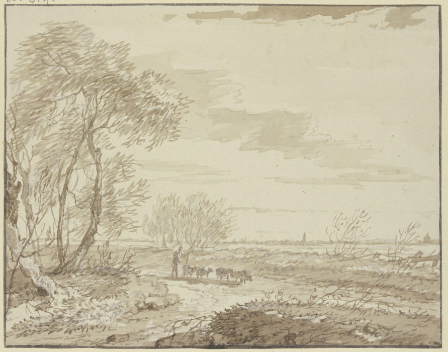 Landschaft mit Fernsicht, links Bäume, auf dem Weg eine Schafherde von Gerard van Nijmegen
