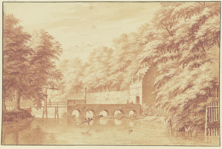 Über ein Wasser führt eine Steinbrücke von fünf Bögen nach einem Parktor, auf dem Wasser zwei Schwän von Gerard van Rossum