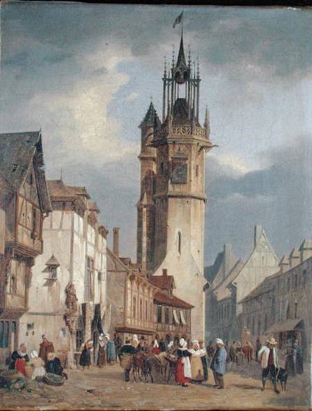 French Town Scene with a Bell Tower von German School