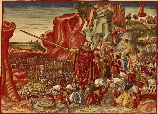 Moses parting the Red Sea, image from the Luther Bible (hand coloured print) von German School