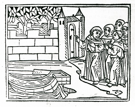 The monks depart Ireland in search of the island of Paradise, illustration from ''The Voyage of St.  von German School