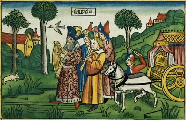2 Samuel 6 1-5 David brings the Ark to Jerusalem (coloured woodcut) von German School, (15th century)