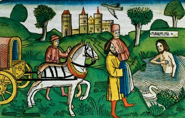 2 Kings 5 14 The cleansing of Naaman (coloured woodcut) von German School, (15th century)