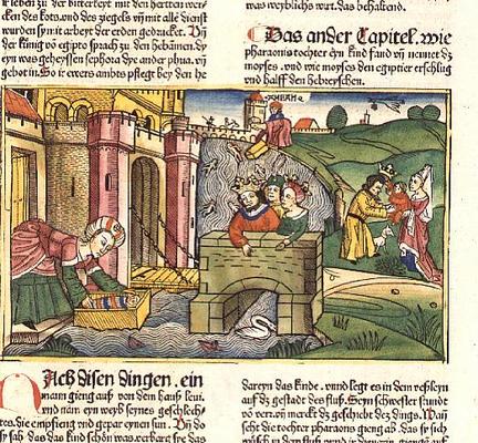 Exodus 2 1-6 Moses being floated down the Nile and discovered by one of Pharaoh's wives (coloured wo von German School, (15th century)
