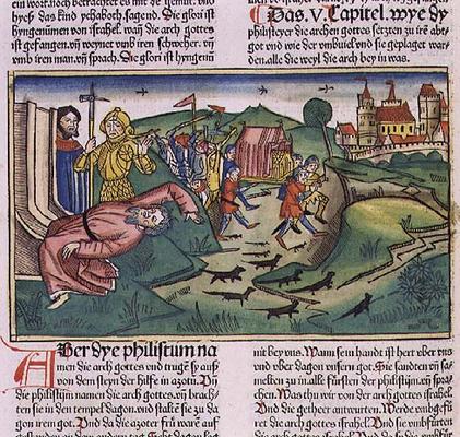 I Samuel 5:1-11 The Philistines seize the Ark and are struck by the plague (coloured woodcut) von German School, (15th century)