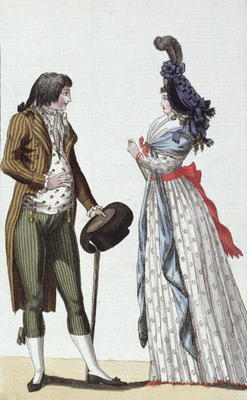 Fashionable couple of the Directoire period (1795-99) (colour engraving) von German School, (18th century)