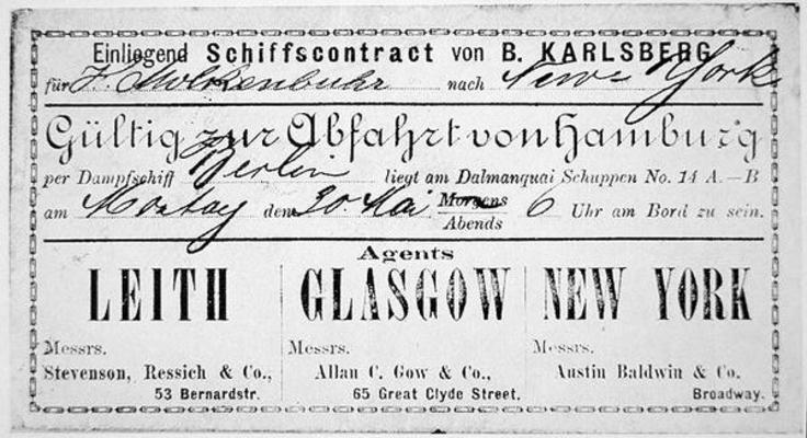 A German immigrant ship's contract & boarding card for New York, issued in Hamburg, 1881 (litho) von German School, (19th century)