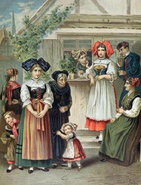 Traditional costumes of the Strasbourg region, c. 1870-80 (colour litho) 20th