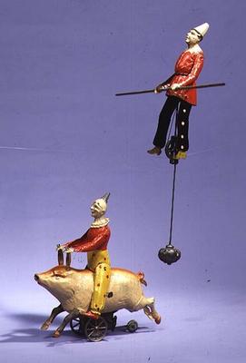 Clown on mechanical pig and tightrope walker, c.1900 von German School, (20th century)
