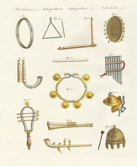 Musical instruments of the ancients -- whistles, rattles and cymbals von German School, (19th century)