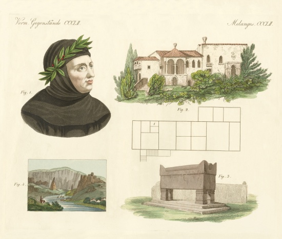 Petrarca, His flat in Arqua, His tomb together with a view of Vaucluse von German School, (19th century)