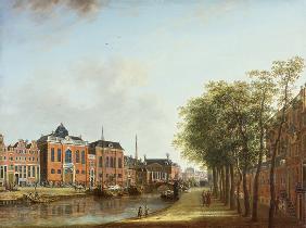 View of the Kloveniersburgwal in Amsterdam, with the Waag, and barge moored in the front of Trippenh 1685