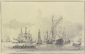 Viele Schiffe bei ruhiger See, links vorn zwei Ruderboote