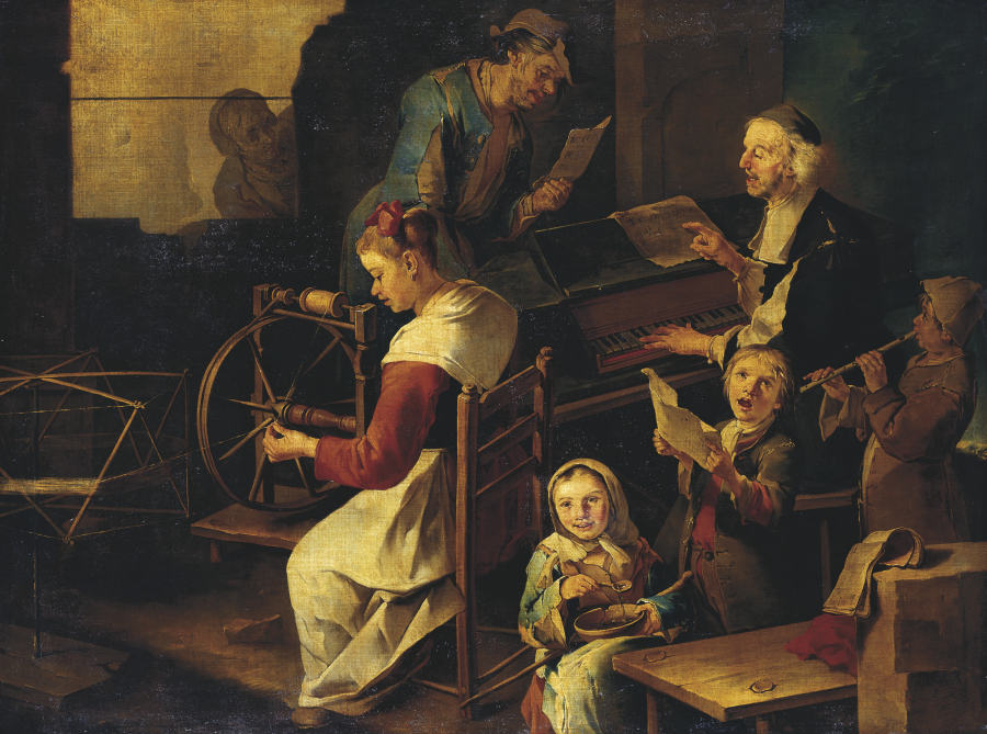 Häusliche Szene mit Musikanten und Spinnerin von Giacomo Francesco Cipper gen. Il Todeschini