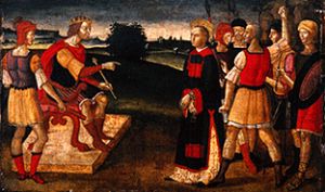 Der hl. Laurentius mit den Armen vor dem römischen Kaiser Valerian von Giacomo Pacchiarotti