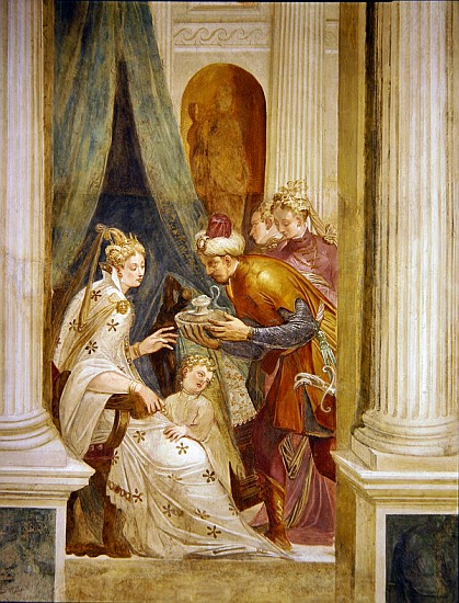 Right hand wall depicting Sophonisba with her child receiving the next pot of poison von Giovanni Battista  Zelotti