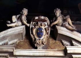 Interior view of the Barberini Chapel, detail of decorative pediment of two cherubs supporting a coa