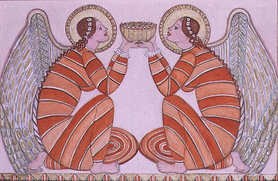 Two angels holding a bowl, 1995 (w/c)  von  Gillian  Lawson