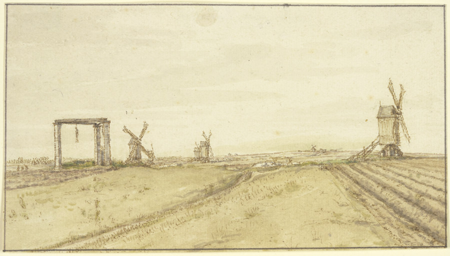 Flache Landschaft mit Windmühlen und Galgen von Gillis Neyts