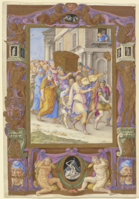 König David tanzt vor der Bundeslade, in einem Zierrahmen von Giorgio Giulio Clovio