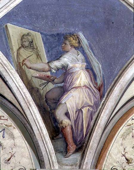 Seated woman painting a portrait of a man, possibly the artist from the Camera della Fama e delle Ar von Giorgio Vasari
