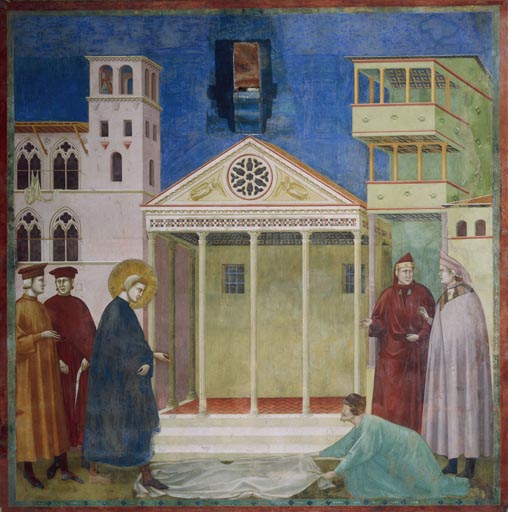 Ein einfacher Mann huldigt dem hl. Franziskus auf dem Marktplatz von Assisi von Giotto (di Bondone)