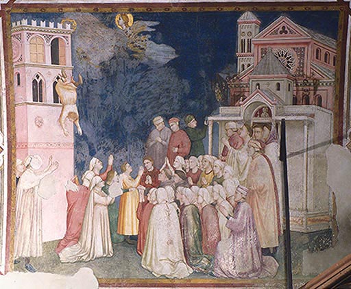 Der hl. Franziskus erweckt einen aus dem Fenster gestuerzten Knaben wieder zum Leben von Giotto (di Bondone)