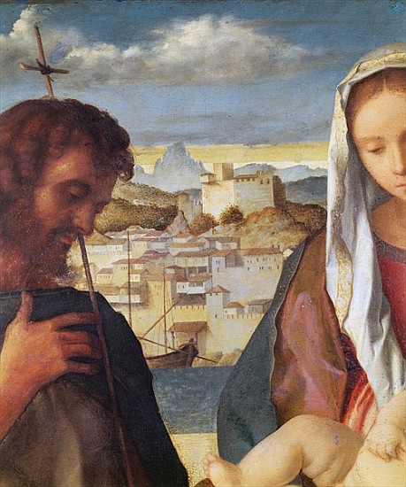 Madonna and Child with St.John the Baptist and a Saint, detail of the background waterside city, c.1 von Giovanni Bellini