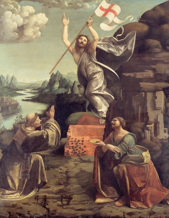 Die Auferstehung Christi mit Heiligen Leonhard von Noblat und Lucia von Syrakus von Giovanni Boltraffio