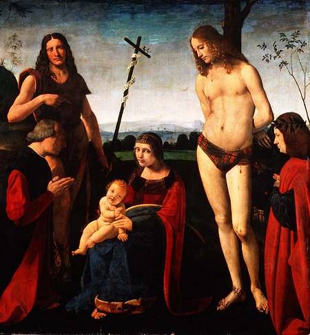Madonna and Child with SS. John the Baptist and Sebastian Between Two Donors von Giovanni Boltraffio