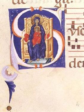Ms 562 f.16r Historiated initial 'S' depicting the Madonna and Child enthroned, from a gradual from 16th