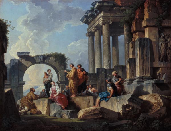 Ruins with the Apostle Paul preaching von Giovanni Paolo Pannini