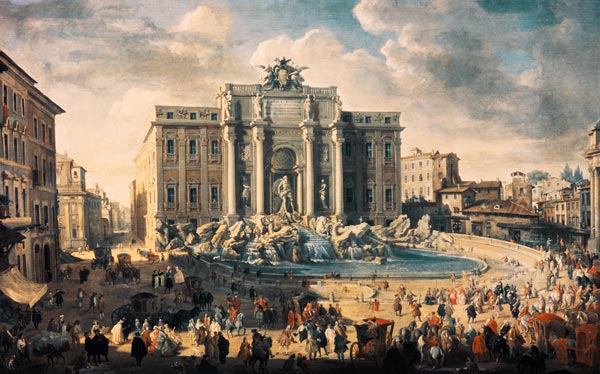 Papst Benedikt XIV. besucht die Fontana di Trevi in Rom von Giovanni Paolo Pannini