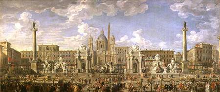 Festdekoration und Vorbereitungen zu einem Feuerwerk auf der Piazza Navona am 30.November 1729 von Giovanni Paolo Pannini